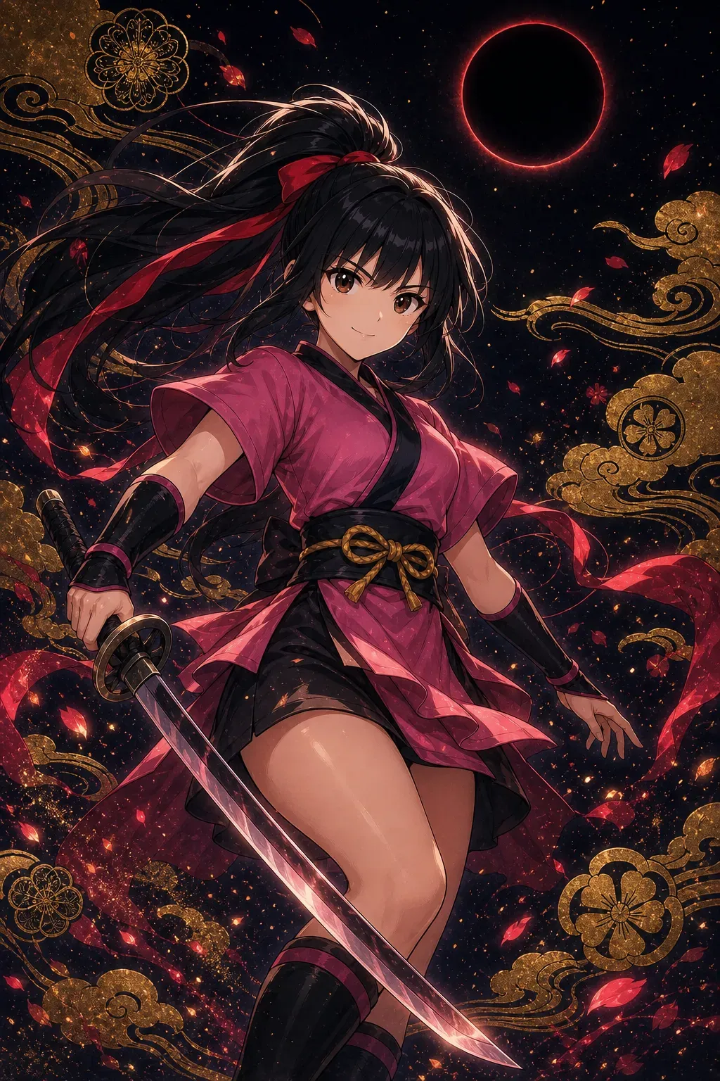 月蝕の夜に刀を構える咲耶の札絵